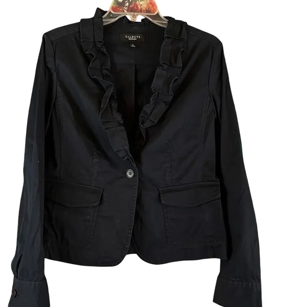 Talbots  Navy Blue Ruffled Blazer Jacket Single  Button Size 8